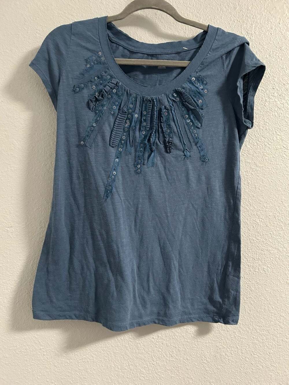 A.N.A Blue Embellished Sequin Ruffle Short Sleeve Top